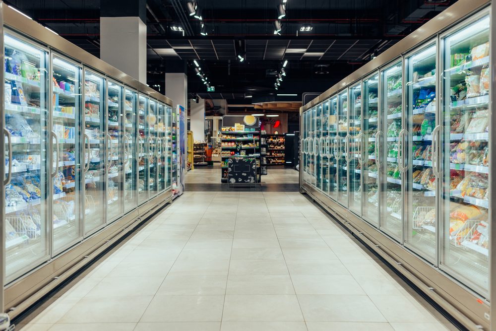 Glass-door reach-in cooler merchandisers in a Long Island store